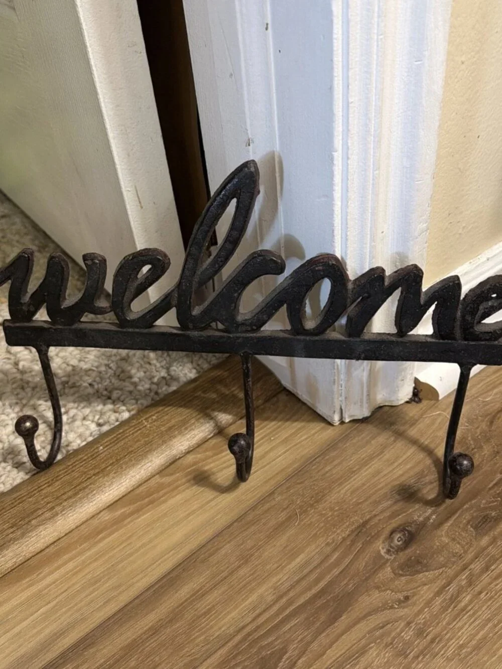 Vintage Cast Iron Welcome 3 Hook Wall Mount Coat Hanger